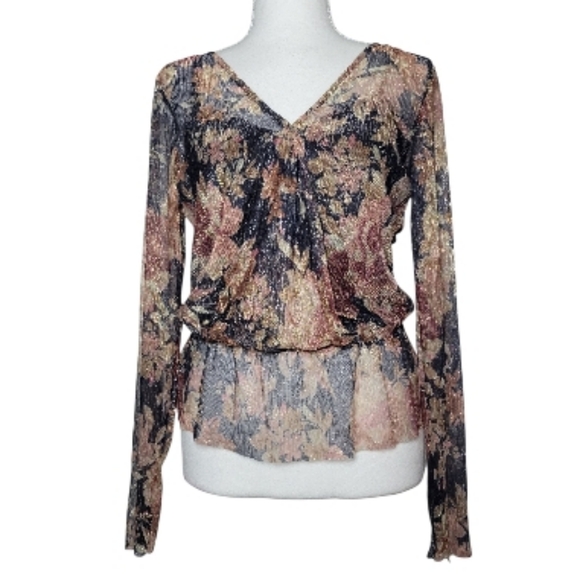 SALE NWT Brannan Metallic Floral Peplum Blouse Long Sheer Sleeve Tie Back M - Picture 2 of 13